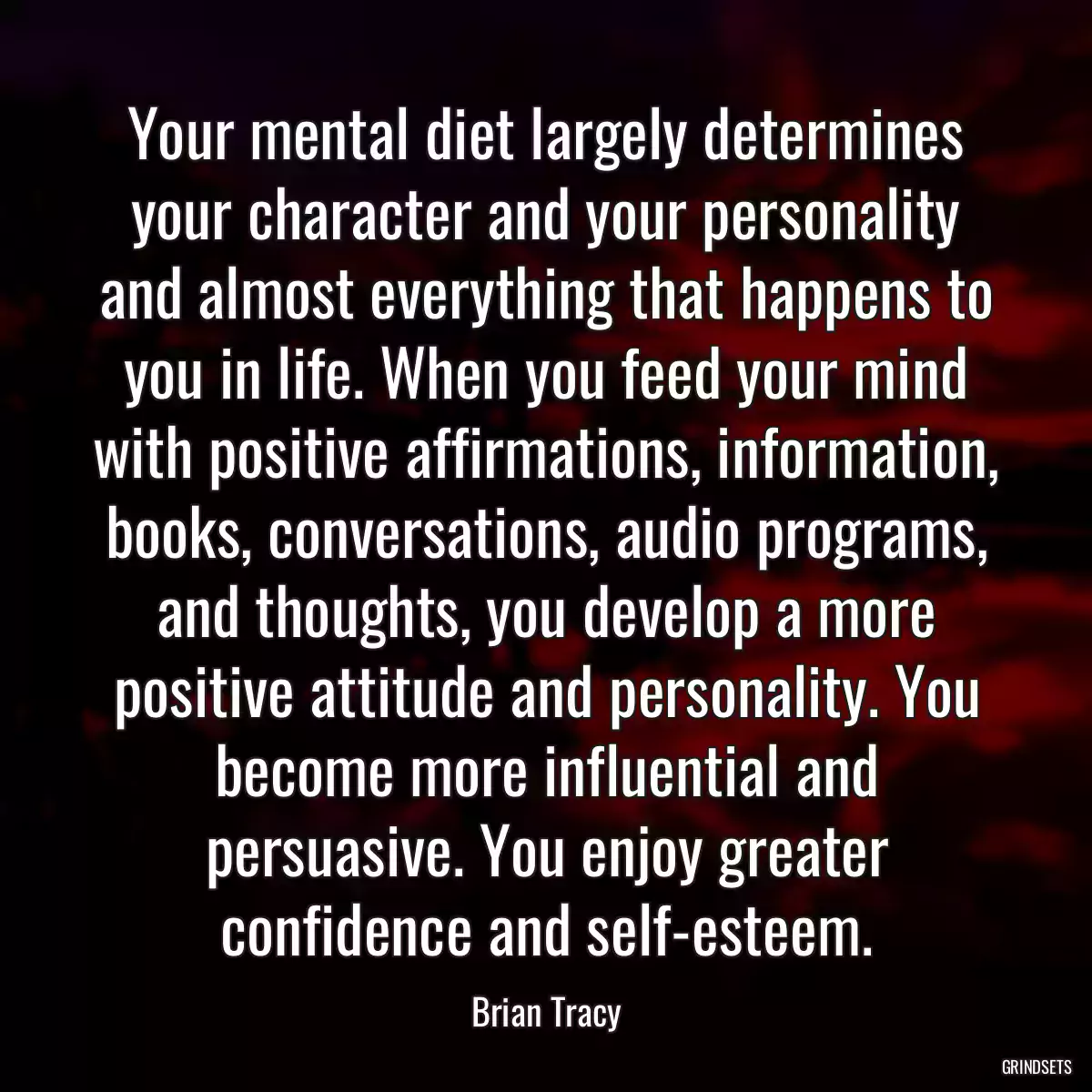 Your mental diet largely determines your character and your personality and almost everything that happens to you in life. When you feed your mind with positive affirmations, information, books, conversations, audio programs, and thoughts, you develop a more positive attitude and personality. You become more influential and persuasive. You enjoy greater confidence and self-esteem.