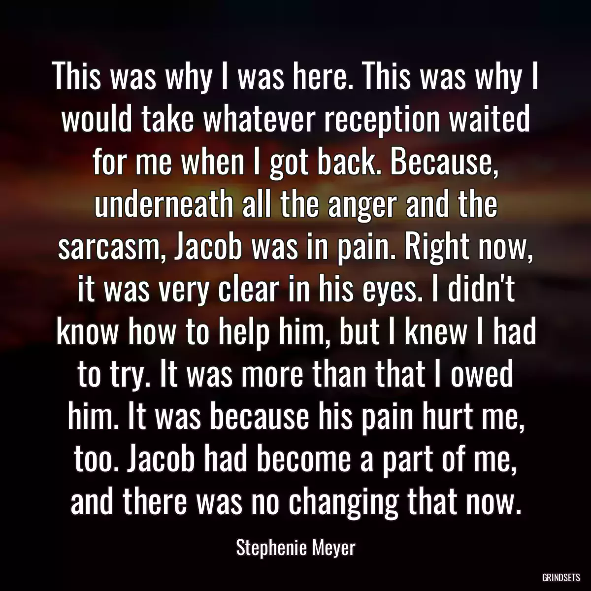 This was why I was here. This was why I would take whatever reception waited for me when I got back. Because, underneath all the anger and the sarcasm, Jacob was in pain. Right now, it was very clear in his eyes. I didn\'t know how to help him, but I knew I had to try. It was more than that I owed him. It was because his pain hurt me, too. Jacob had become a part of me, and there was no changing that now.