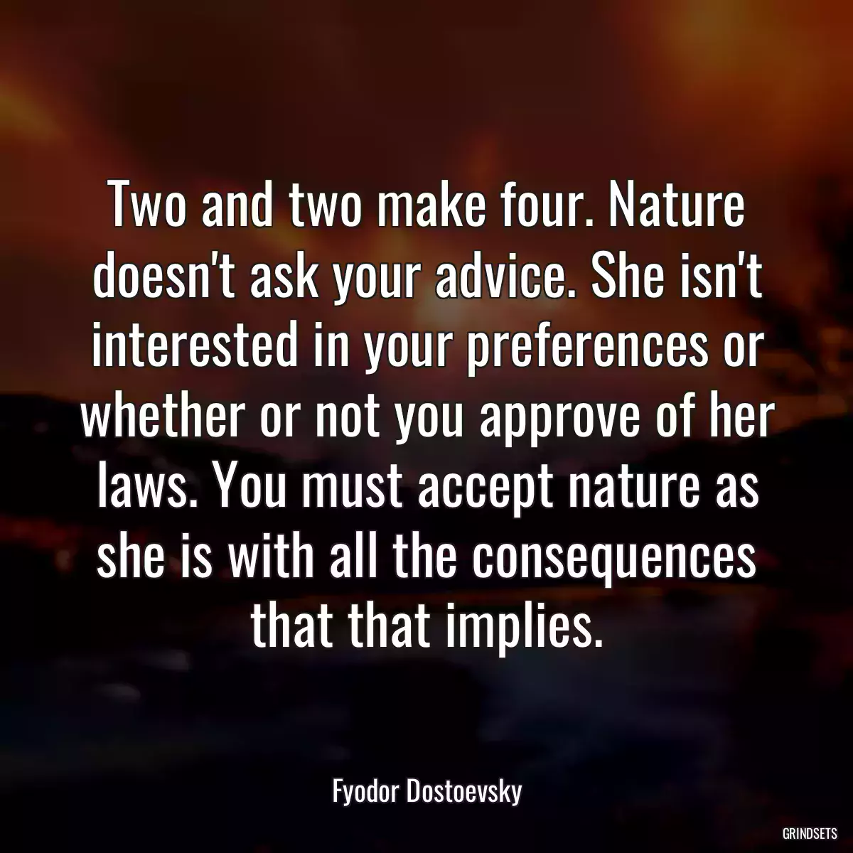 Two and two make four. Nature doesn\'t ask your advice. She isn\'t interested in your preferences or whether or not you approve of her laws. You must accept nature as she is with all the consequences that that implies.