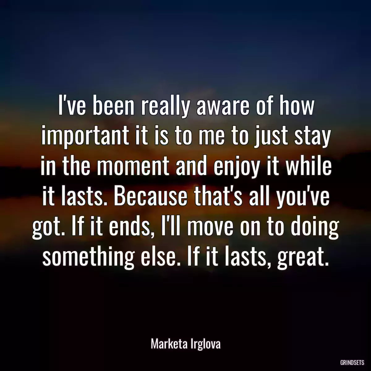 I\'ve been really aware of how important it is to me to just stay in the moment and enjoy it while it lasts. Because that\'s all you\'ve got. If it ends, I\'ll move on to doing something else. If it lasts, great.