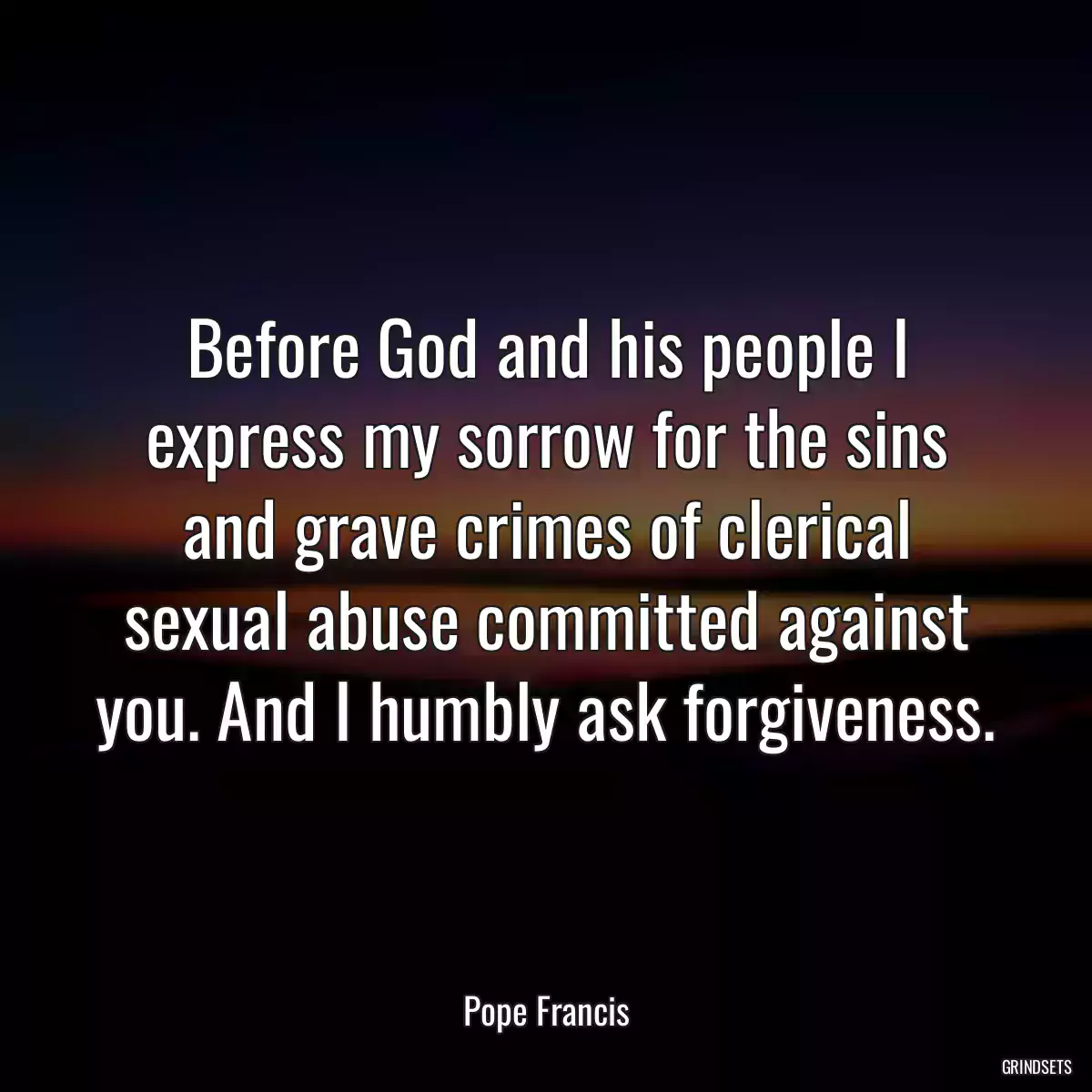 Before God and his people I express my sorrow for the sins and grave crimes of clerical sexual abuse committed against you. And I humbly ask forgiveness.