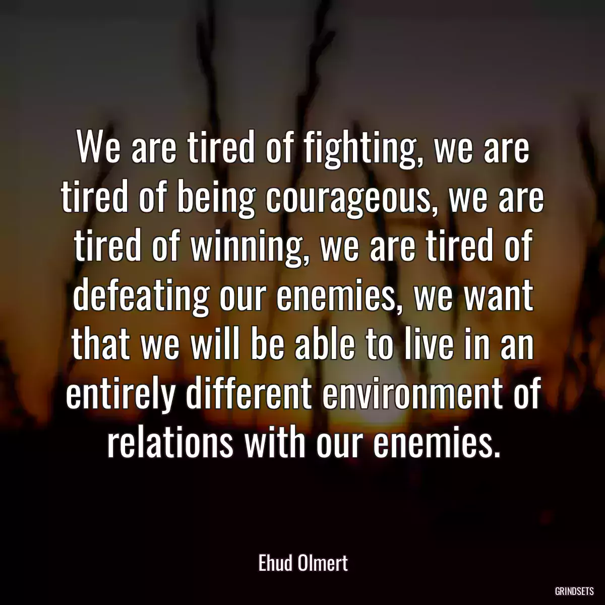 We are tired of fighting, we are tired of being courageous, we are tired of winning, we are tired of defeating our enemies, we want that we will be able to live in an entirely different environment of relations with our enemies.