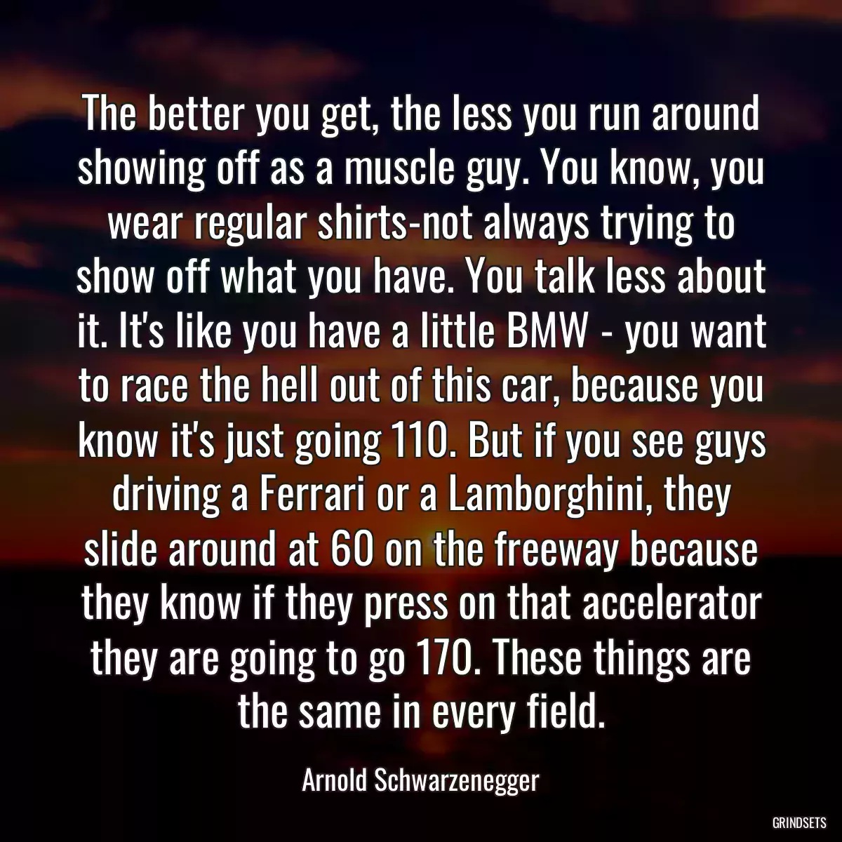 The better you get, the less you run around showing off as a muscle guy. You know, you wear regular shirts-not always trying to show off what you have. You talk less about it. It\'s like you have a little BMW - you want to race the hell out of this car, because you know it\'s just going 110. But if you see guys driving a Ferrari or a Lamborghini, they slide around at 60 on the freeway because they know if they press on that accelerator they are going to go 170. These things are the same in every field.