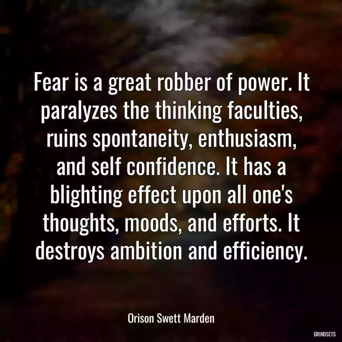 Fear is a great robber of power. It paralyzes the thinking faculties, ruins spontaneity, enthusiasm, and self confidence. It has a blighting effect upon all one\'s thoughts, moods, and efforts. It destroys ambition and efficiency.