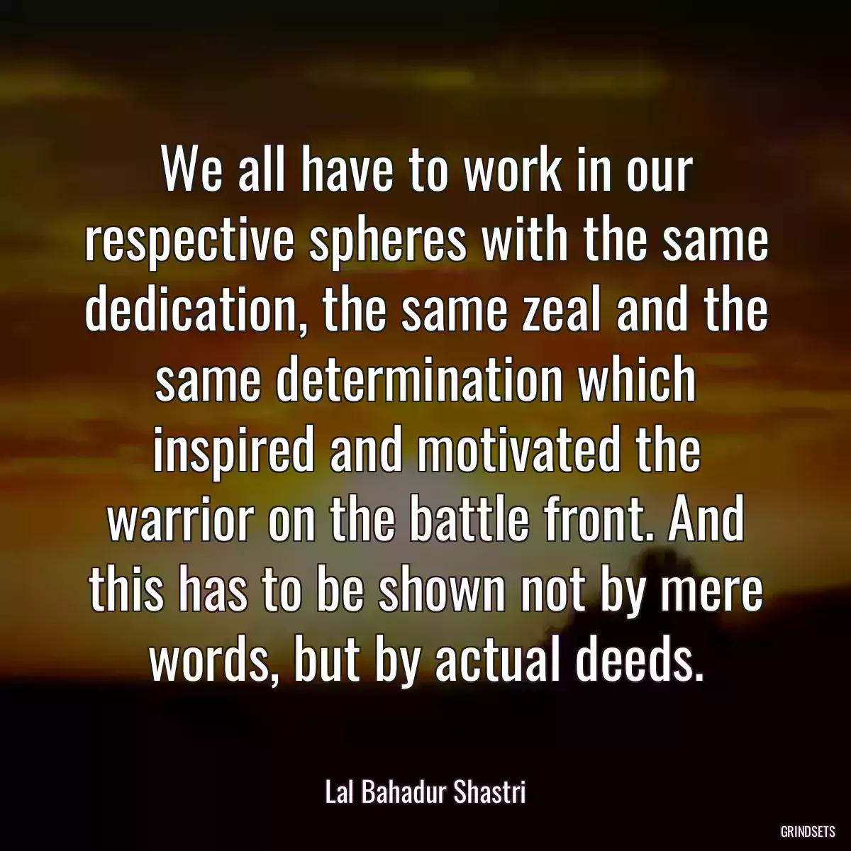 We all have to work in our respective spheres with the same dedication, the same zeal and the same determination which inspired and motivated the warrior on the battle front. And this has to be shown not by mere words, but by actual deeds.