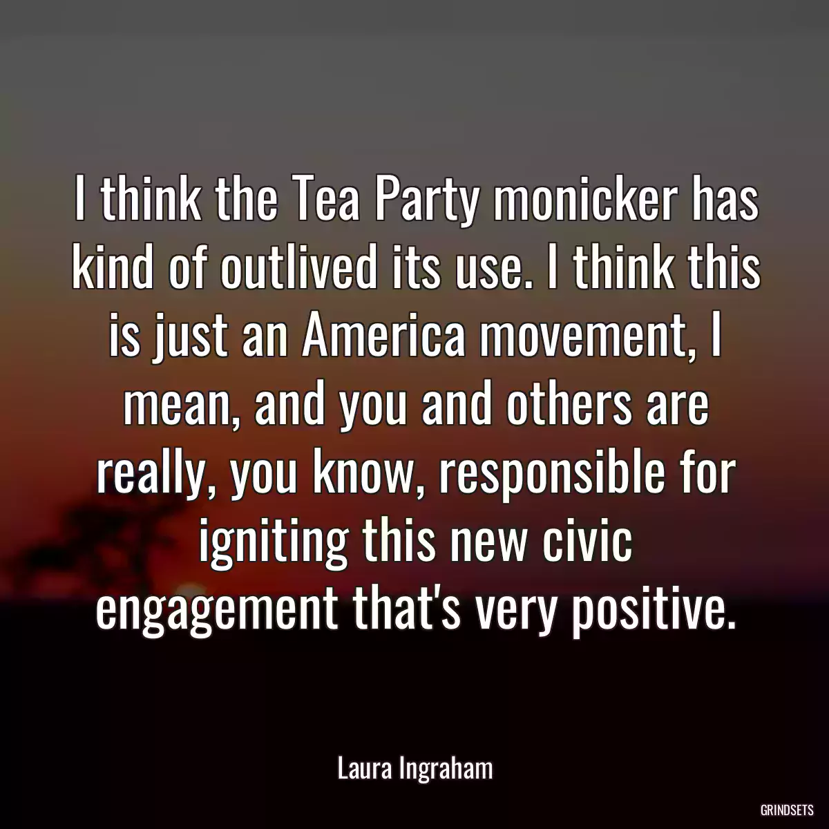 I think the Tea Party monicker has kind of outlived its use. I think this is just an America movement, I mean, and you and others are really, you know, responsible for igniting this new civic engagement that\'s very positive.