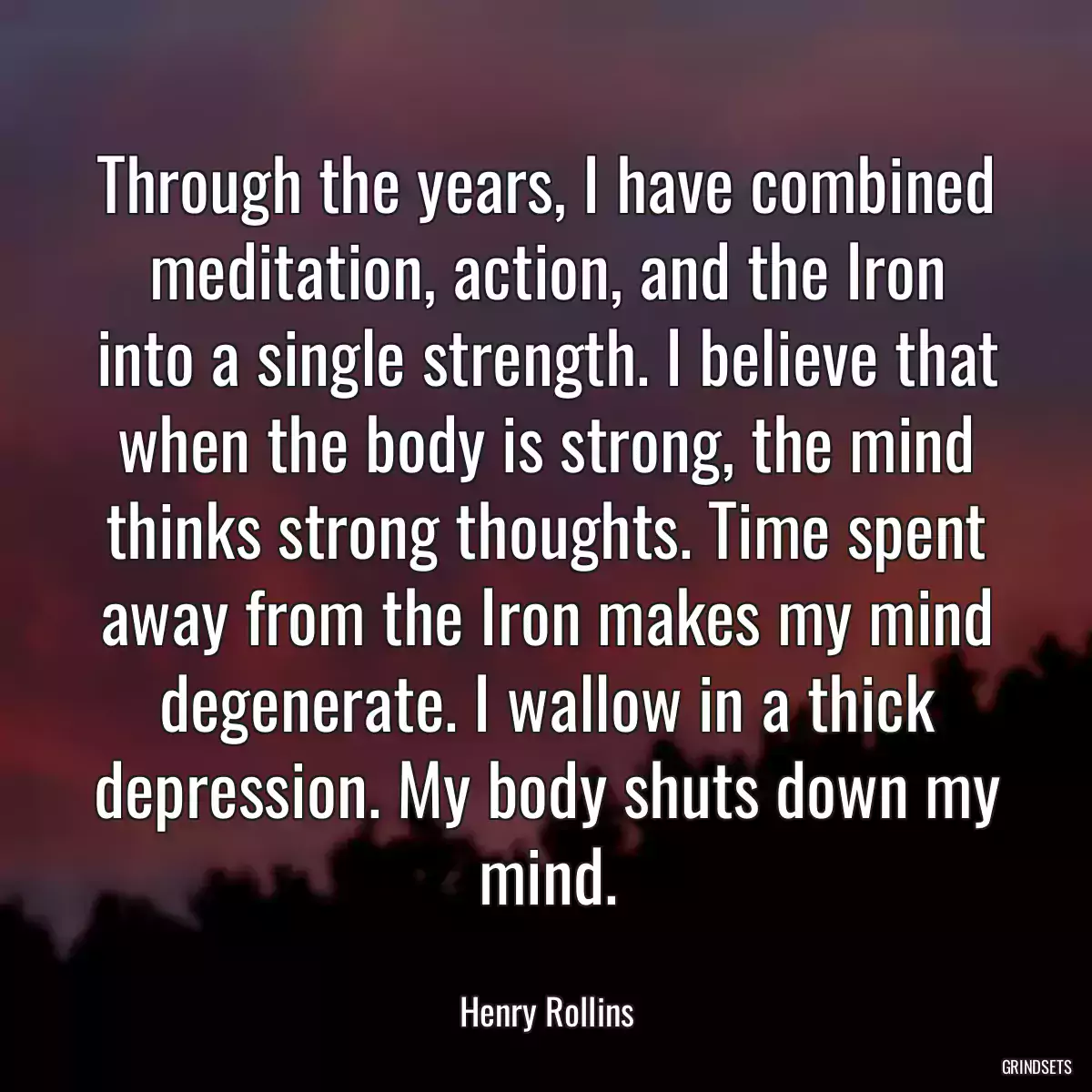 Through the years, I have combined meditation, action, and the Iron into a single strength. I believe that when the body is strong, the mind thinks strong thoughts. Time spent away from the Iron makes my mind degenerate. I wallow in a thick depression. My body shuts down my mind.