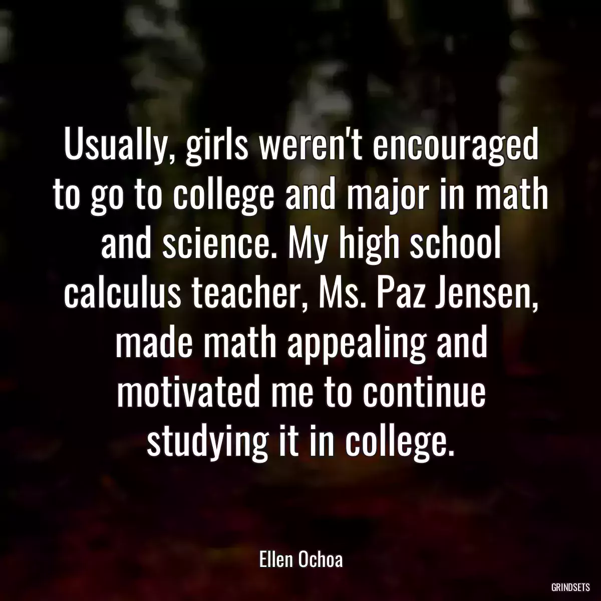 Usually, girls weren\'t encouraged to go to college and major in math and science. My high school calculus teacher, Ms. Paz Jensen, made math appealing and motivated me to continue studying it in college.