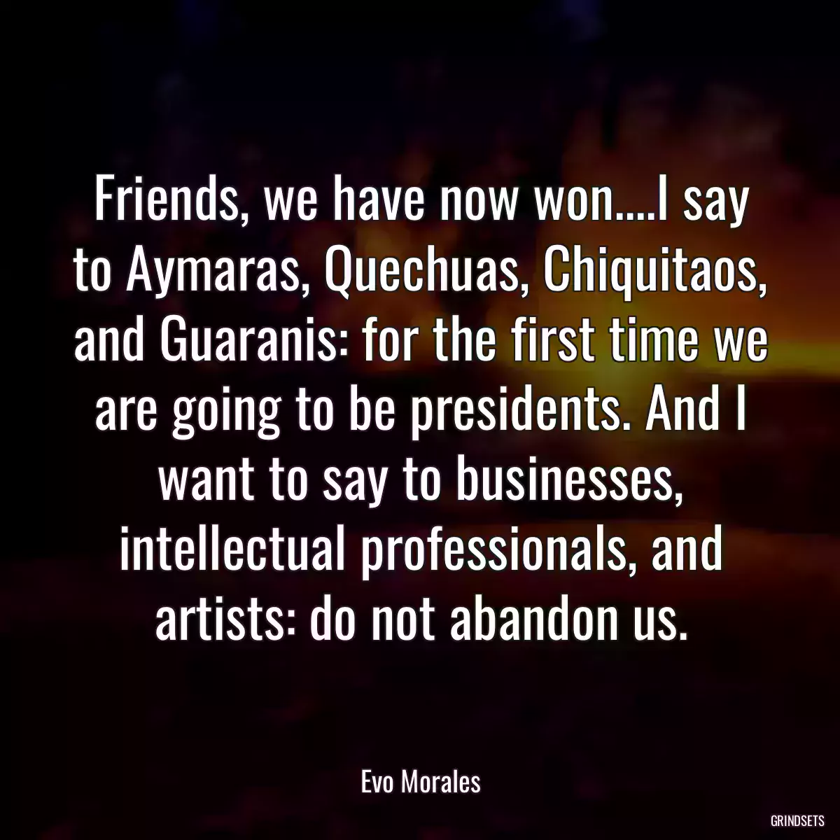 Friends, we have now won....I say to Aymaras, Quechuas, Chiquitaos, and Guaranis: for the first time we are going to be presidents. And I want to say to businesses, intellectual professionals, and artists: do not abandon us.