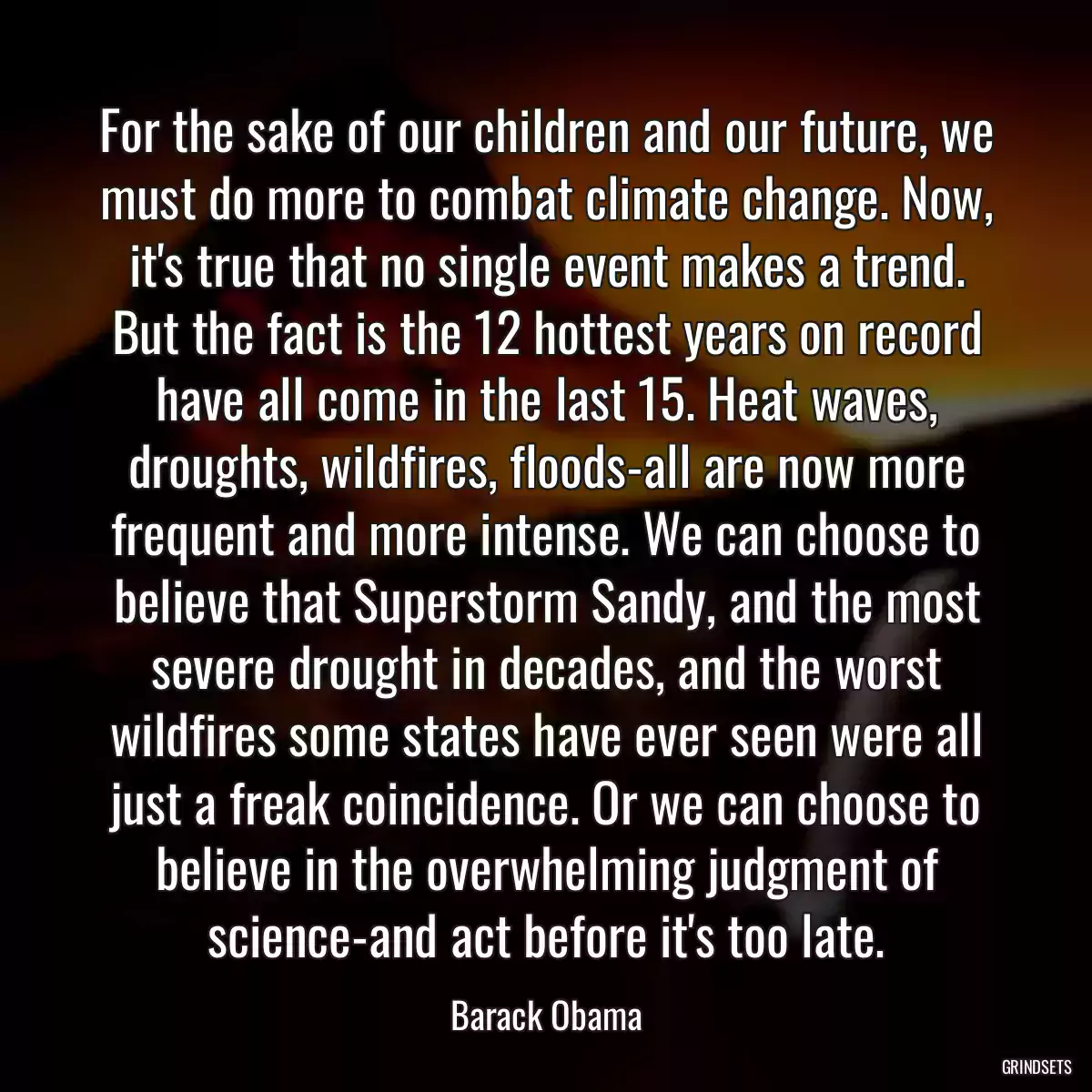 For the sake of our children and our future, we must do more to combat climate change. Now, it\'s true that no single event makes a trend. But the fact is the 12 hottest years on record have all come in the last 15. Heat waves, droughts, wildfires, floods-all are now more frequent and more intense. We can choose to believe that Superstorm Sandy, and the most severe drought in decades, and the worst wildfires some states have ever seen were all just a freak coincidence. Or we can choose to believe in the overwhelming judgment of science-and act before it\'s too late.