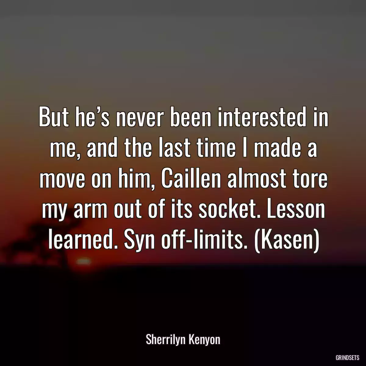 But he’s never been interested in me, and the last time I made a move on him, Caillen almost tore my arm out of its socket. Lesson learned. Syn off-limits. (Kasen)