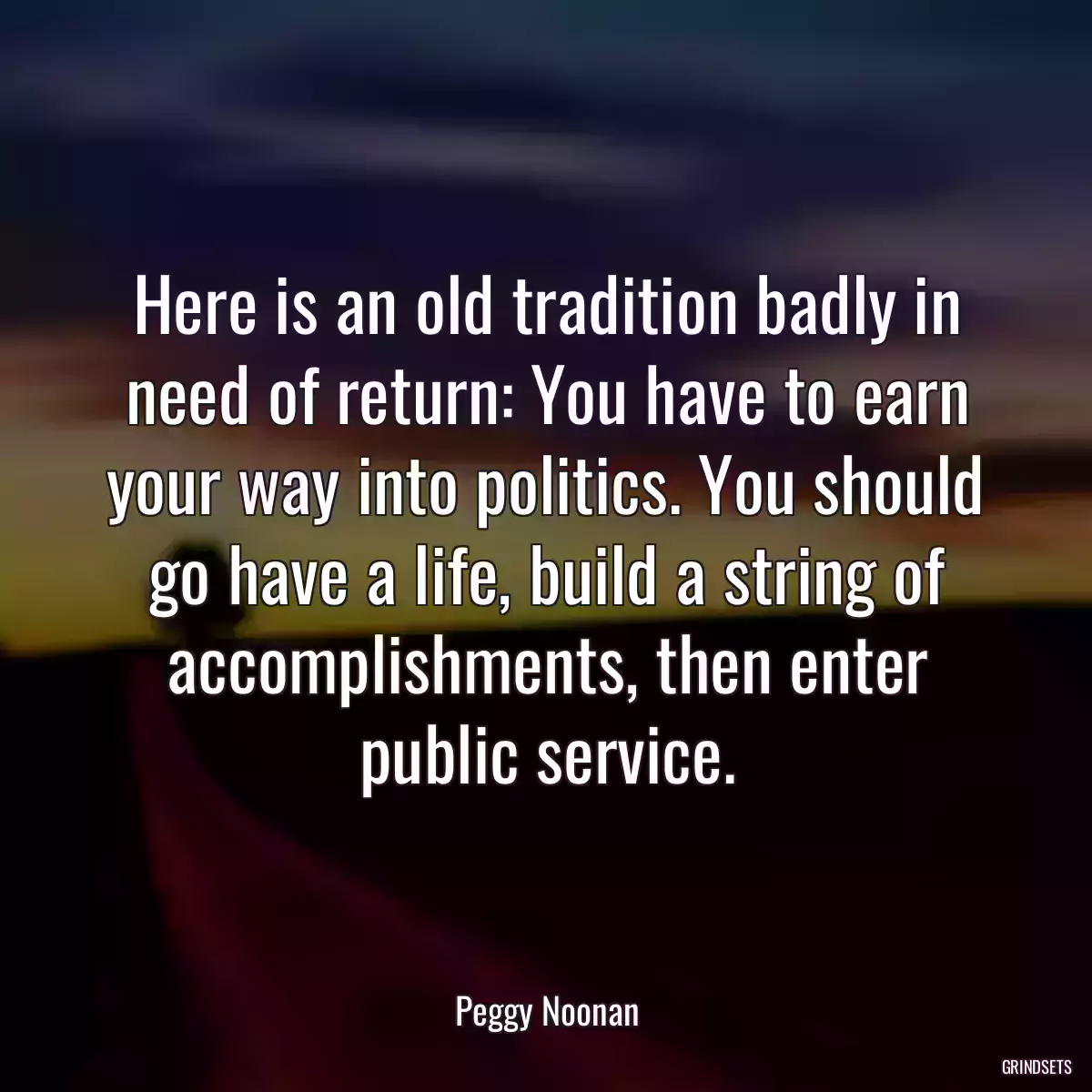 Here is an old tradition badly in need of return: You have to earn your way into politics. You should go have a life, build a string of accomplishments, then enter public service.