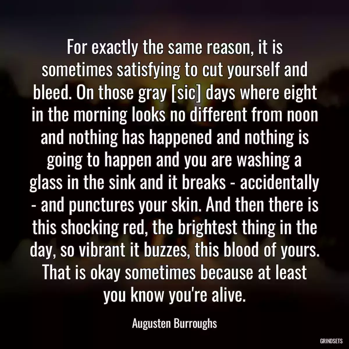 For exactly the same reason, it is sometimes satisfying to cut yourself and bleed. On those gray [sic] days where eight in the morning looks no different from noon and nothing has happened and nothing is going to happen and you are washing a glass in the sink and it breaks - accidentally - and punctures your skin. And then there is this shocking red, the brightest thing in the day, so vibrant it buzzes, this blood of yours. That is okay sometimes because at least you know you\'re alive.