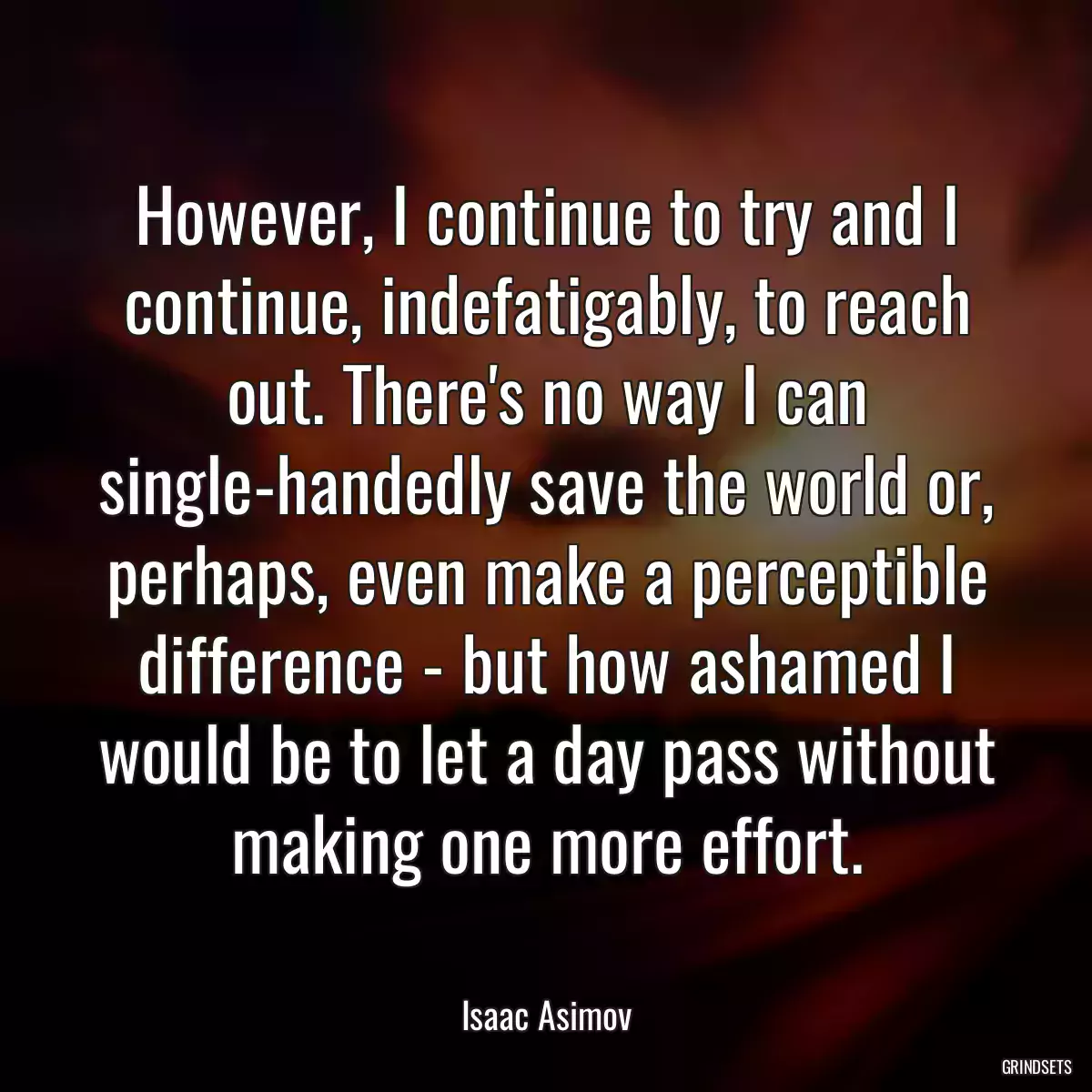 However, I continue to try and I continue, indefatigably, to reach out. There\'s no way I can single-handedly save the world or, perhaps, even make a perceptible difference - but how ashamed I would be to let a day pass without making one more effort.