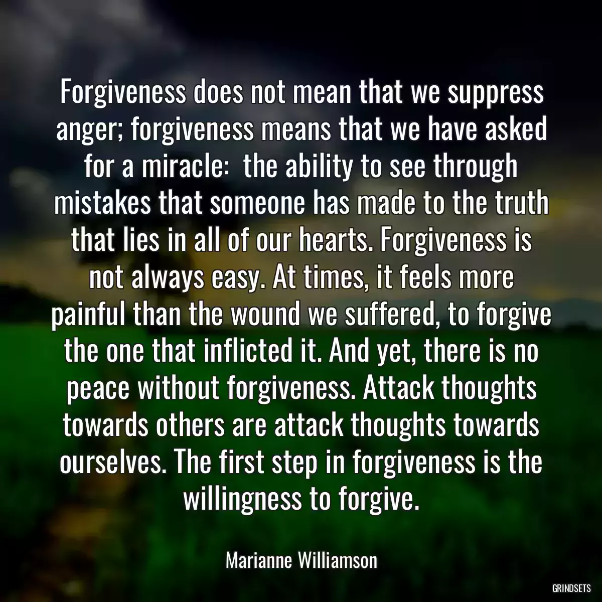 Forgiveness does not mean that we suppress anger; forgiveness means that we have asked for a miracle:  the ability to see through mistakes that someone has made to the truth that lies in all of our hearts. Forgiveness is not always easy. At times, it feels more painful than the wound we suffered, to forgive the one that inflicted it. And yet, there is no peace without forgiveness. Attack thoughts towards others are attack thoughts towards ourselves. The first step in forgiveness is the willingness to forgive.