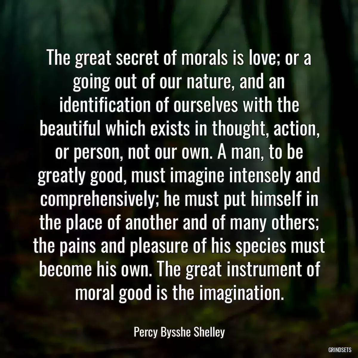 The great secret of morals is love; or a going out of our nature, and an identification of ourselves with the beautiful which exists in thought, action, or person, not our own. A man, to be greatly good, must imagine intensely and comprehensively; he must put himself in the place of another and of many others; the pains and pleasure of his species must become his own. The great instrument of moral good is the imagination.