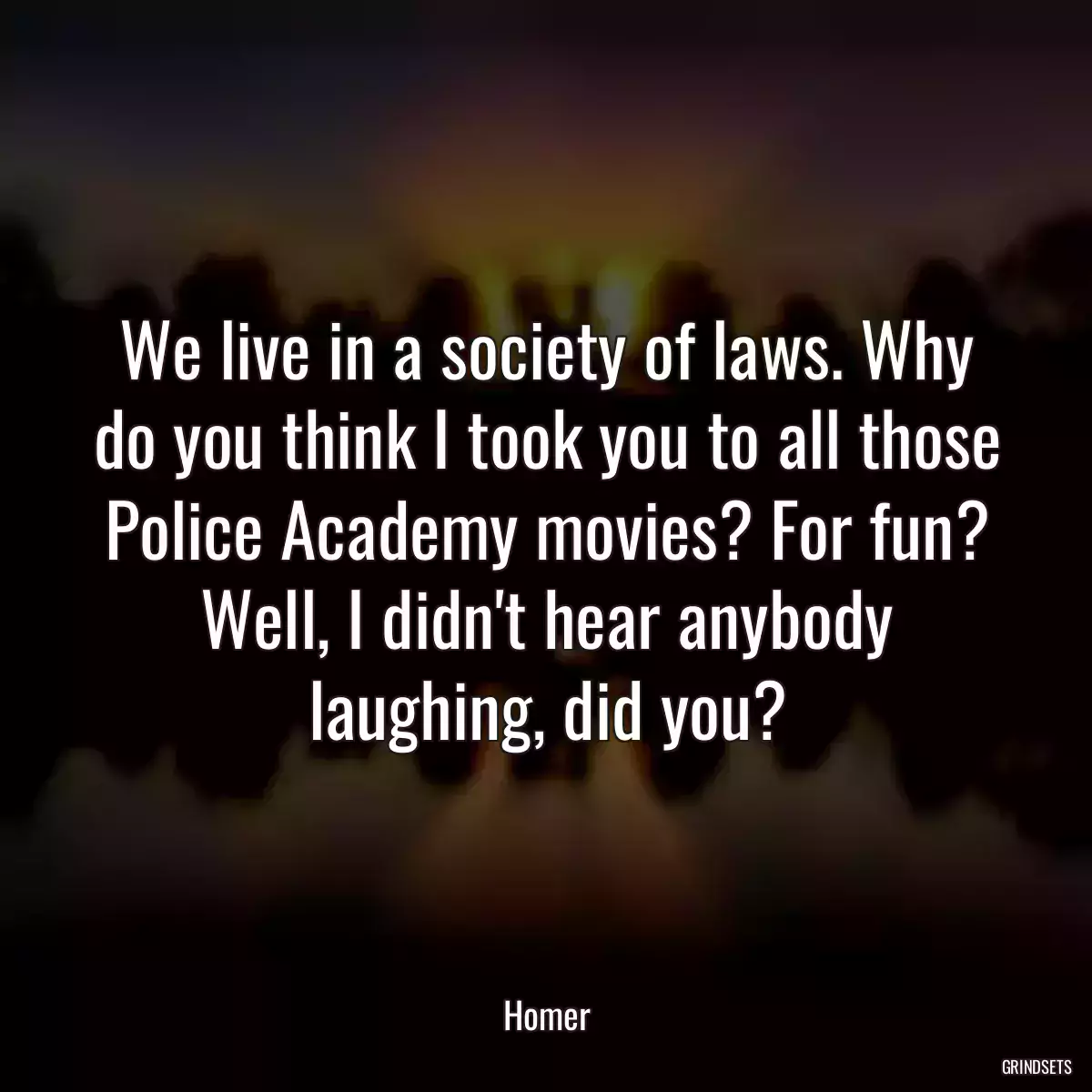 We live in a society of laws. Why do you think I took you to all those Police Academy movies? For fun? Well, I didn\'t hear anybody laughing, did you?