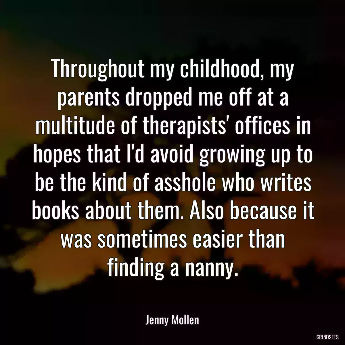 Throughout my childhood, my parents dropped me off at a multitude of therapists\' offices in hopes that I\'d avoid growing up to be the kind of asshole who writes books about them. Also because it was sometimes easier than finding a nanny.