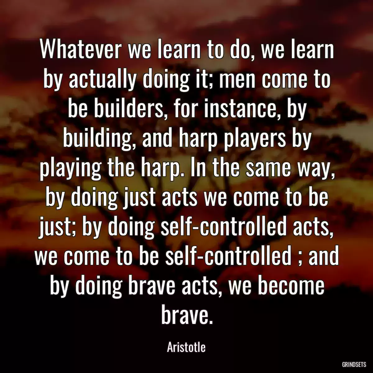 Whatever we learn to do, we learn by actually doing it; men come to be builders, for instance, by building, and harp players by playing the harp. In the same way, by doing just acts we come to be just; by doing self-controlled acts, we come to be self-controlled ; and by doing brave acts, we become brave.