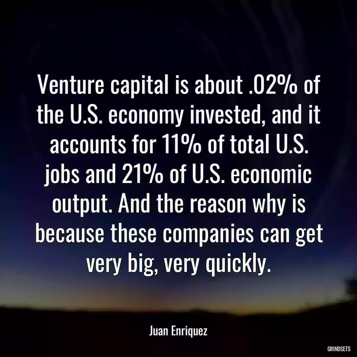 Venture capital is about .02% of the U.S. economy invested, and it accounts for 11% of total U.S. jobs and 21% of U.S. economic output. And the reason why is because these companies can get very big, very quickly.