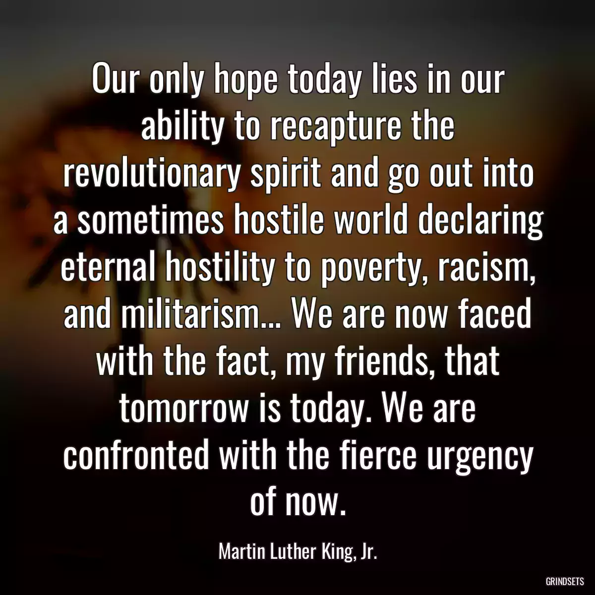 Our only hope today lies in our ability to recapture the revolutionary spirit and go out into a sometimes hostile world declaring eternal hostility to poverty, racism, and militarism... We are now faced with the fact, my friends, that tomorrow is today. We are confronted with the fierce urgency of now.