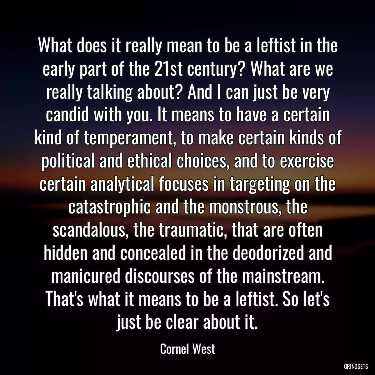 What does it really mean to be a leftist in the early part of the 21st century? What are we really talking about? And I can just be very candid with you. It means to have a certain kind of temperament, to make certain kinds of political and ethical choices, and to exercise certain analytical focuses in targeting on the catastrophic and the monstrous, the scandalous, the traumatic, that are often hidden and concealed in the deodorized and manicured discourses of the mainstream. That\'s what it means to be a leftist. So let\'s just be clear about it.