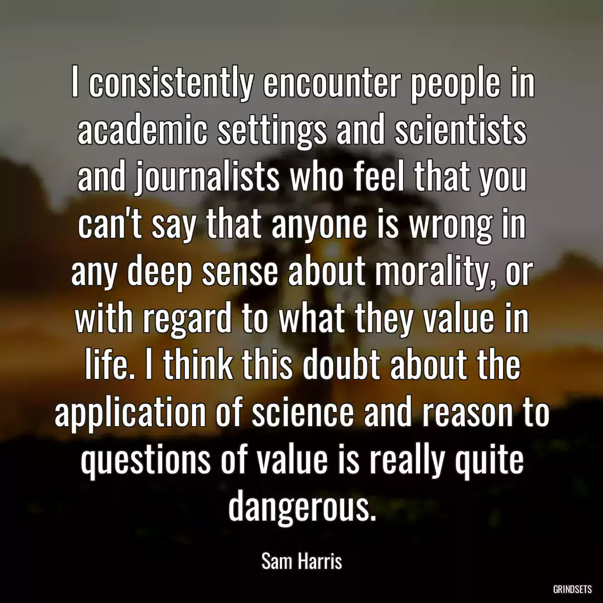 I consistently encounter people in academic settings and scientists and journalists who feel that you can\'t say that anyone is wrong in any deep sense about morality, or with regard to what they value in life. I think this doubt about the application of science and reason to questions of value is really quite dangerous.