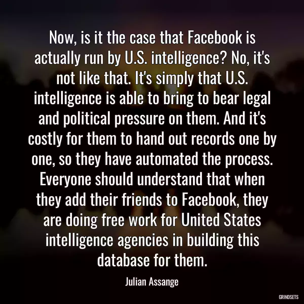 Now, is it the case that Facebook is actually run by U.S. intelligence? No, it\'s not like that. It\'s simply that U.S. intelligence is able to bring to bear legal and political pressure on them. And it\'s costly for them to hand out records one by one, so they have automated the process. Everyone should understand that when they add their friends to Facebook, they are doing free work for United States intelligence agencies in building this database for them.