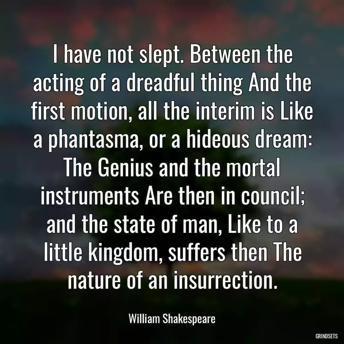 I have not slept. Between the acting of a dreadful thing And the first motion, all the interim is Like a phantasma, or a hideous dream: The Genius and the mortal instruments Are then in council; and the state of man, Like to a little kingdom, suffers then The nature of an insurrection.