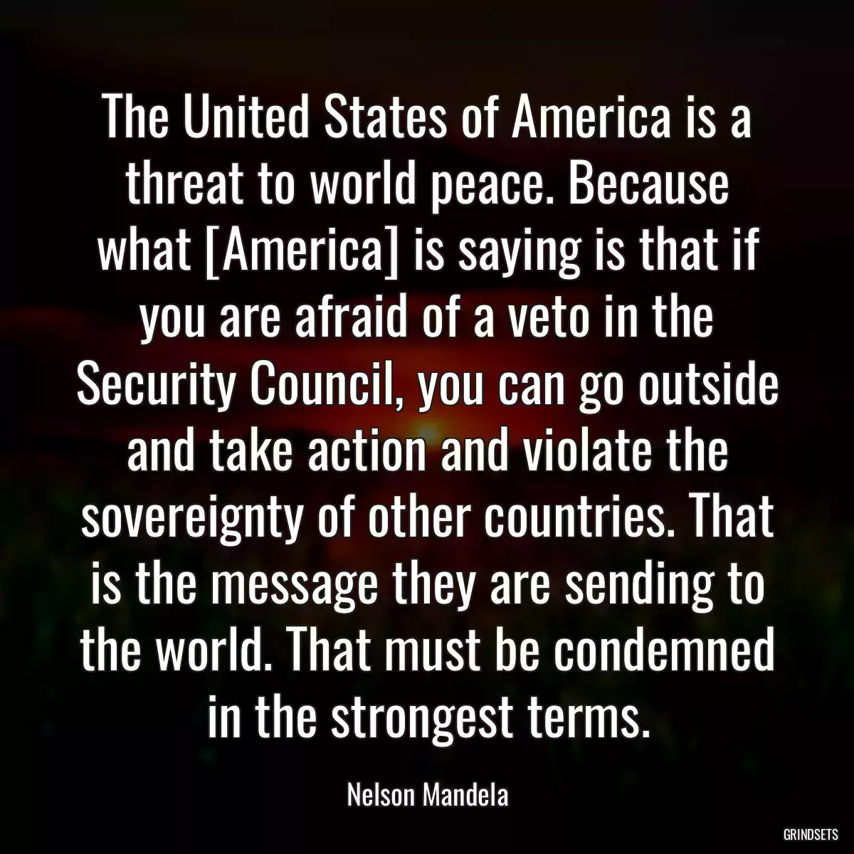 The United States of America is a threat to world peace. Because what [America] is saying is that if you are afraid of a veto in the Security Council, you can go outside and take action and violate the sovereignty of other countries. That is the message they are sending to the world. That must be condemned in the strongest terms.