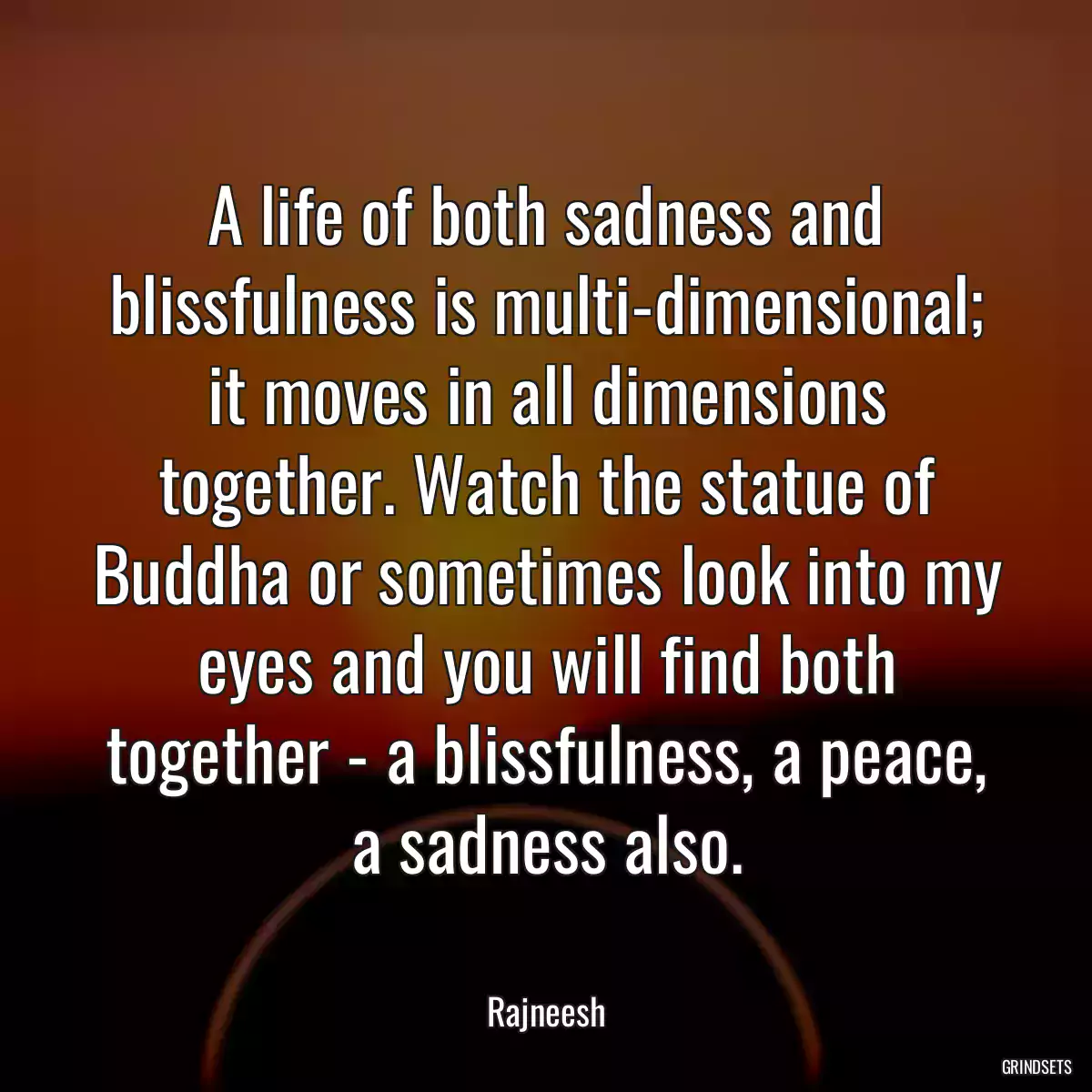 A life of both sadness and blissfulness is multi-dimensional; it moves in all dimensions together. Watch the statue of Buddha or sometimes look into my eyes and you will find both together - a blissfulness, a peace, a sadness also.