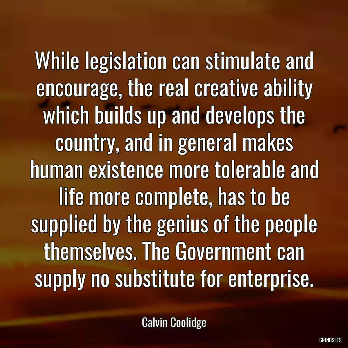 While legislation can stimulate and encourage, the real creative ability which builds up and develops the country, and in general makes human existence more tolerable and life more complete, has to be supplied by the genius of the people themselves. The Government can supply no substitute for enterprise.