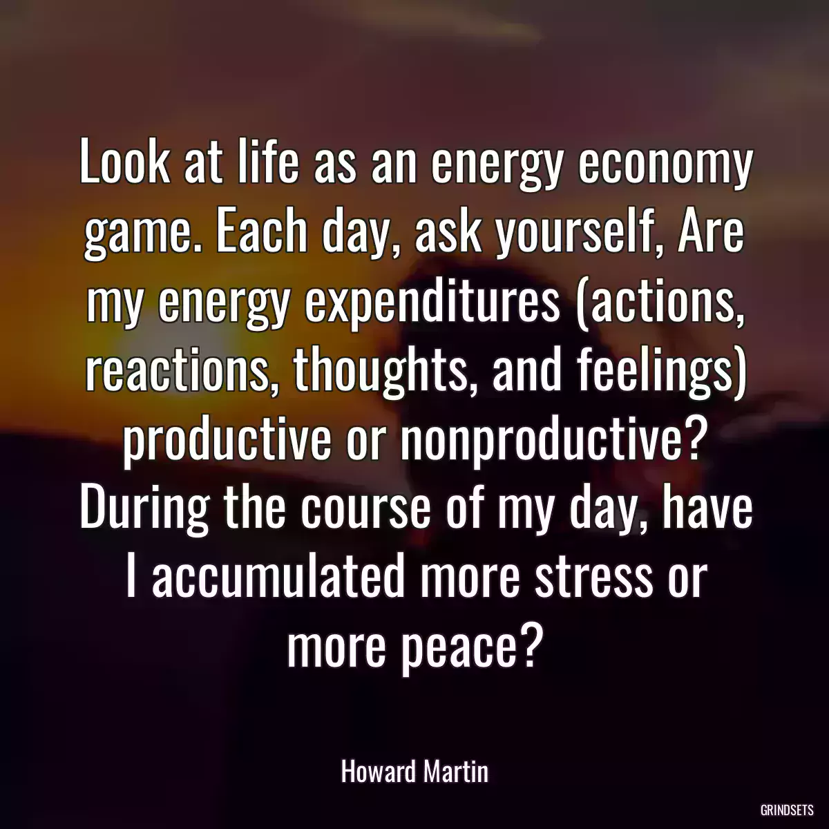 Look at life as an energy economy game. Each day, ask yourself, Are my energy expenditures (actions, reactions, thoughts, and feelings) productive or nonproductive? During the course of my day, have I accumulated more stress or more peace?