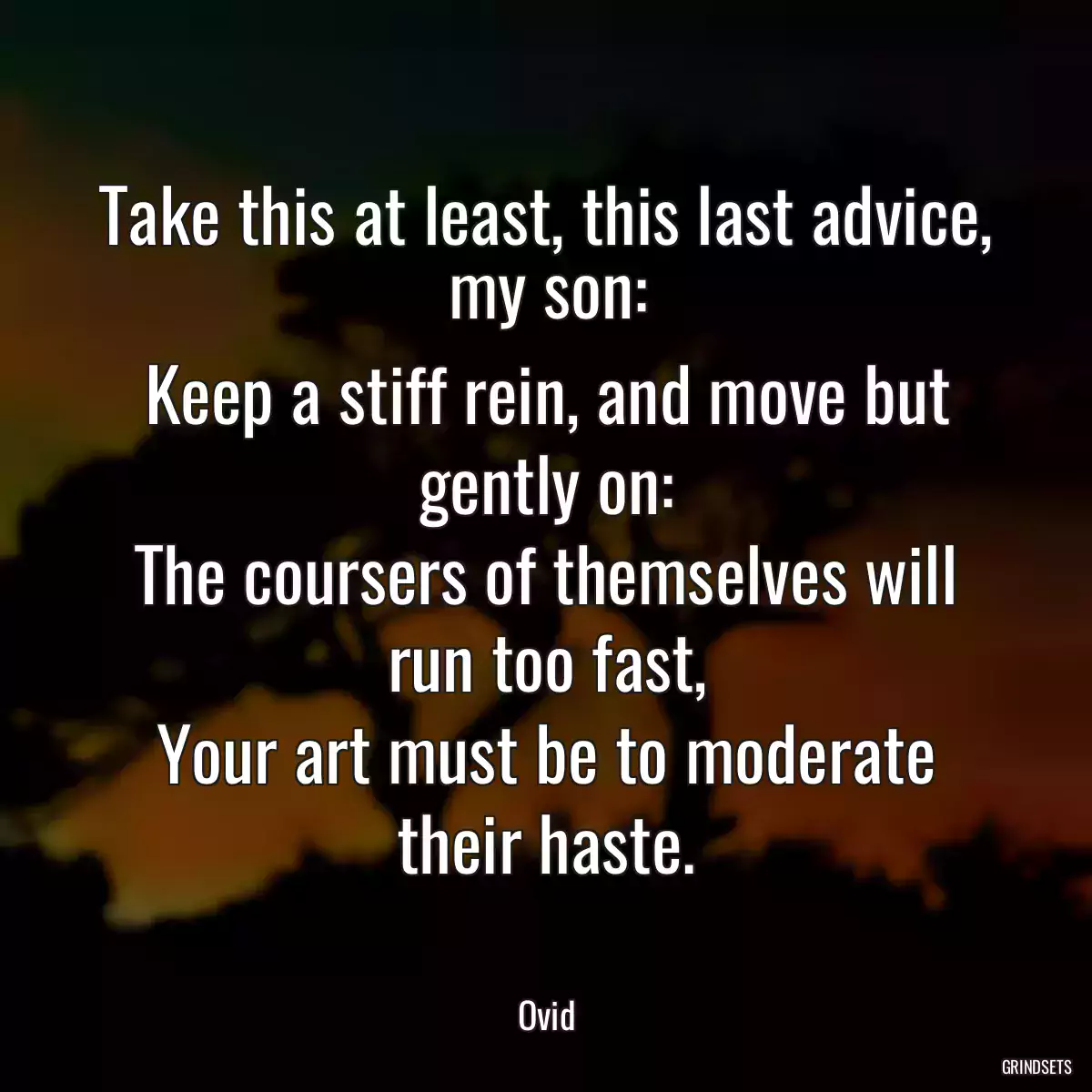 Take this at least, this last advice, my son:
Keep a stiff rein, and move but gently on:
The coursers of themselves will run too fast,
Your art must be to moderate their haste.