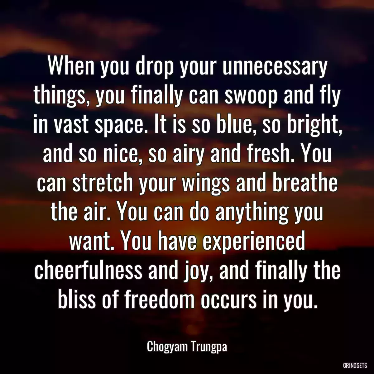 When you drop your unnecessary things, you finally can swoop and fly in vast space. It is so blue, so bright, and so nice, so airy and fresh. You can stretch your wings and breathe the air. You can do anything you want. You have experienced cheerfulness and joy, and finally the bliss of freedom occurs in you.