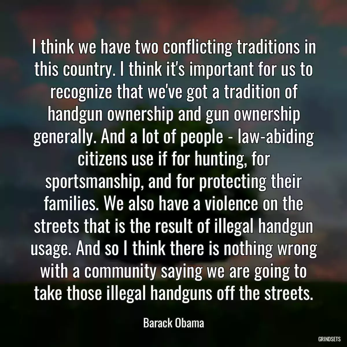 I think we have two conflicting traditions in this country. I think it\'s important for us to recognize that we\'ve got a tradition of handgun ownership and gun ownership generally. And a lot of people - law-abiding citizens use if for hunting, for sportsmanship, and for protecting their families. We also have a violence on the streets that is the result of illegal handgun usage. And so I think there is nothing wrong with a community saying we are going to take those illegal handguns off the streets.