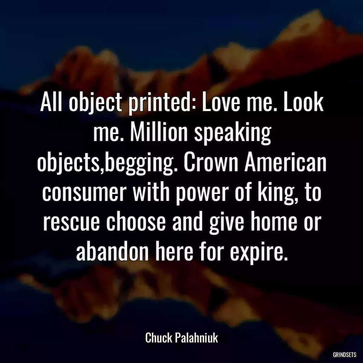 All object printed: Love me. Look me. Million speaking objects,begging. Crown American consumer with power of king, to rescue choose and give home or abandon here for expire.