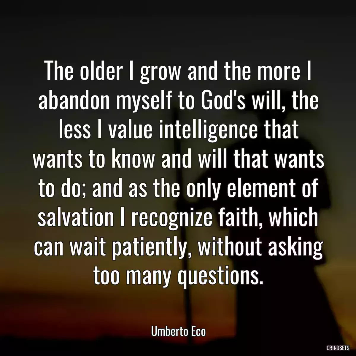 The older I grow and the more I abandon myself to God\'s will, the less I value intelligence that wants to know and will that wants to do; and as the only element of salvation I recognize faith, which can wait patiently, without asking too many questions.