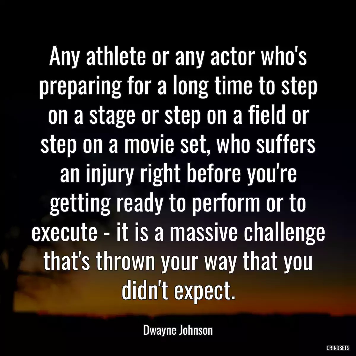 Any athlete or any actor who\'s preparing for a long time to step on a stage or step on a field or step on a movie set, who suffers an injury right before you\'re getting ready to perform or to execute - it is a massive challenge that\'s thrown your way that you didn\'t expect.