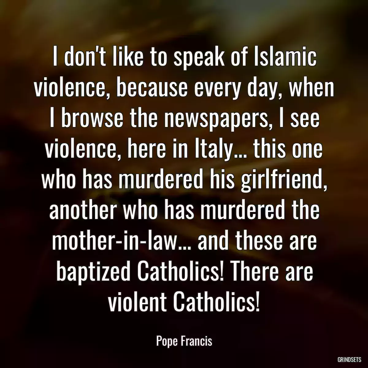 I don\'t like to speak of Islamic violence, because every day, when I browse the newspapers, I see violence, here in Italy... this one who has murdered his girlfriend, another who has murdered the mother-in-law... and these are baptized Catholics! There are violent Catholics!