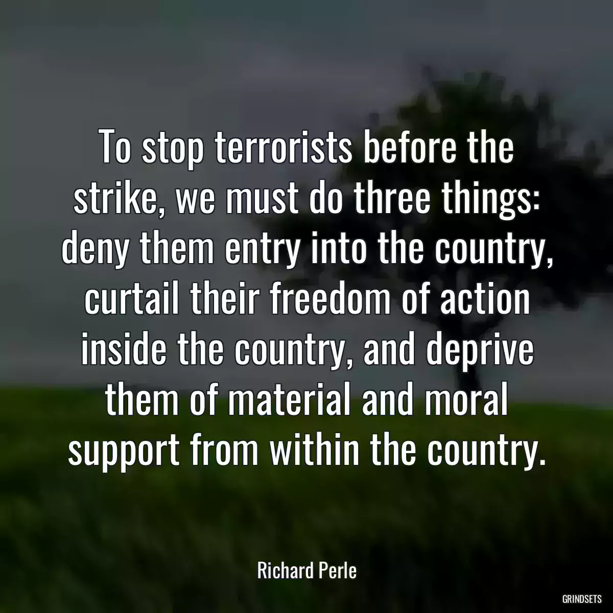 To stop terrorists before the strike, we must do three things: deny them entry into the country, curtail their freedom of action inside the country, and deprive them of material and moral support from within the country.