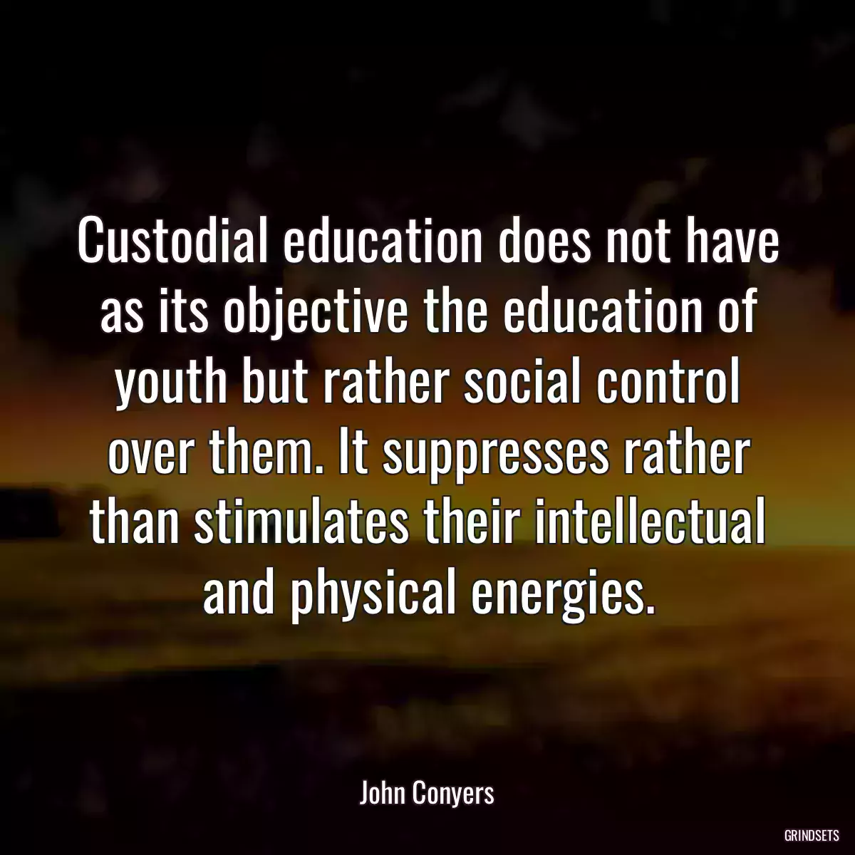 Custodial education does not have as its objective the education of youth but rather social control over them. It suppresses rather than stimulates their intellectual and physical energies.