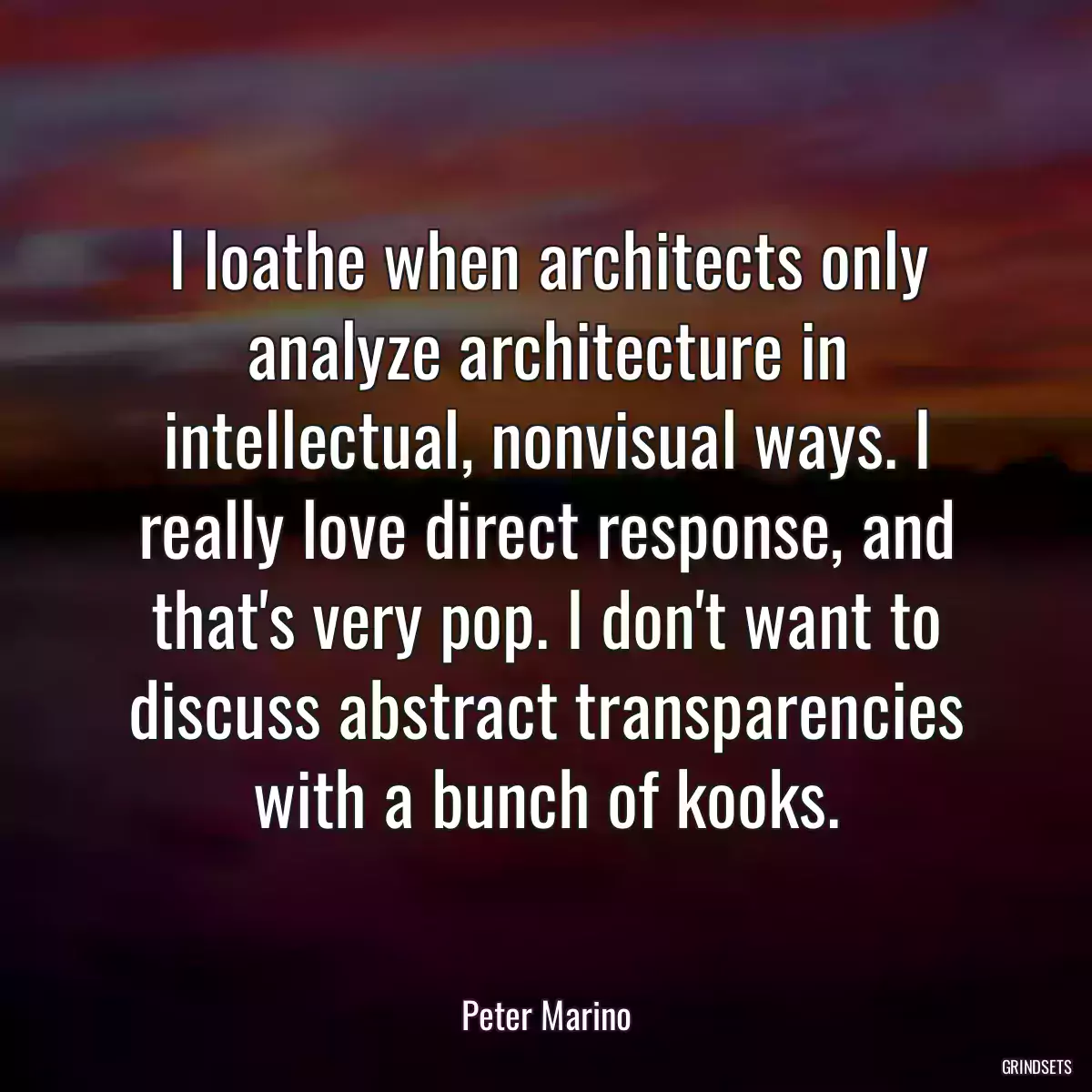 I loathe when architects only analyze architecture in intellectual, nonvisual ways. I really love direct response, and that\'s very pop. I don\'t want to discuss abstract transparencies with a bunch of kooks.