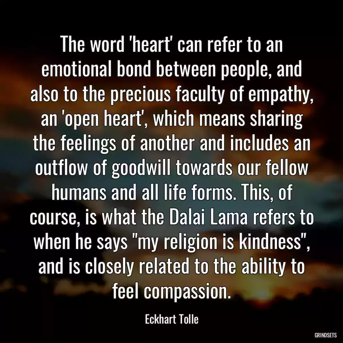 The word \'heart\' can refer to an emotional bond between people, and also to the precious faculty of empathy, an \'open heart\', which means sharing the feelings of another and includes an outflow of goodwill towards our fellow humans and all life forms. This, of course, is what the Dalai Lama refers to when he says \