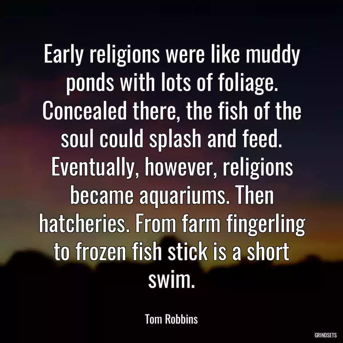 Early religions were like muddy ponds with lots of foliage. Concealed there, the fish of the soul could splash and feed. Eventually, however, religions became aquariums. Then hatcheries. From farm fingerling to frozen fish stick is a short swim.