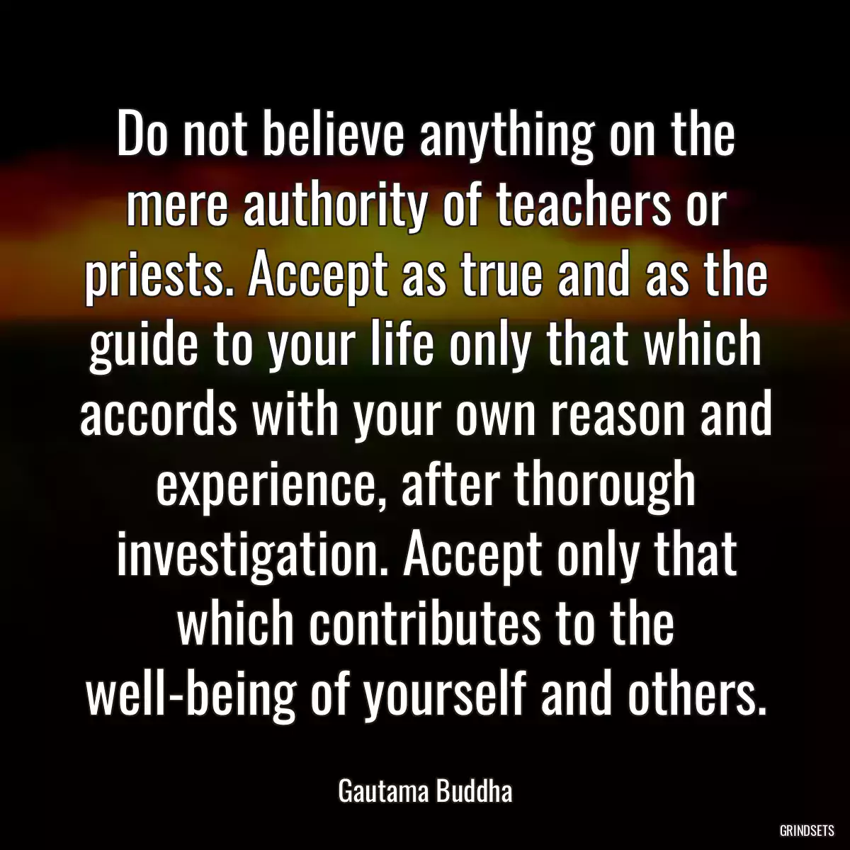 Do not believe anything on the mere authority of teachers or priests. Accept as true and as the guide to your life only that which accords with your own reason and experience, after thorough investigation. Accept only that which contributes to the well-being of yourself and others.