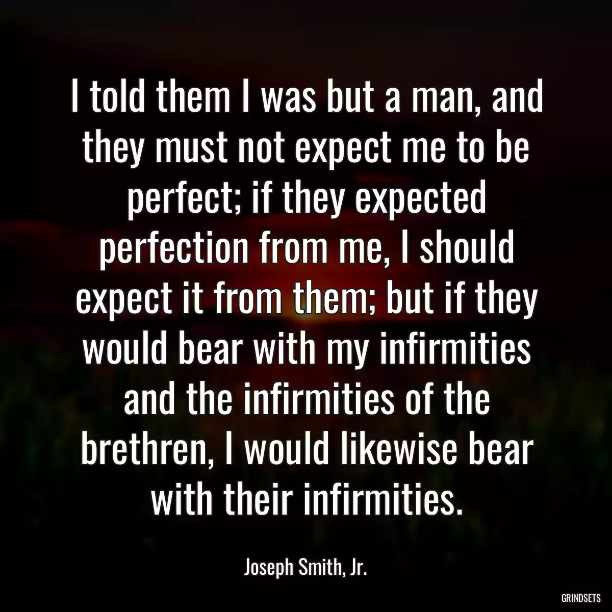 I told them I was but a man, and they must not expect me to be perfect; if they expected perfection from me, I should expect it from them; but if they would bear with my infirmities and the infirmities of the brethren, I would likewise bear with their infirmities.