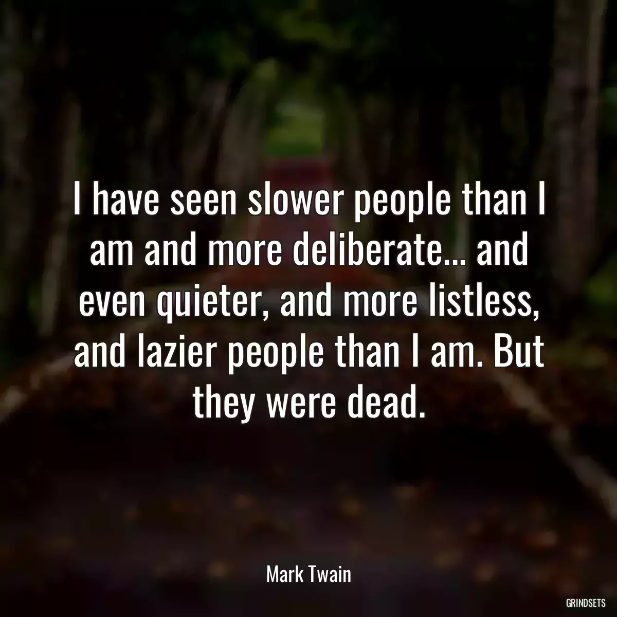 I have seen slower people than I am and more deliberate... and even quieter, and more listless, and lazier people than I am. But they were dead.