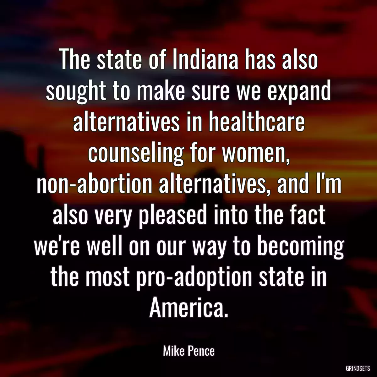 The state of Indiana has also sought to make sure we expand alternatives in healthcare counseling for women, non-abortion alternatives, and I\'m also very pleased into the fact we\'re well on our way to becoming the most pro-adoption state in America.