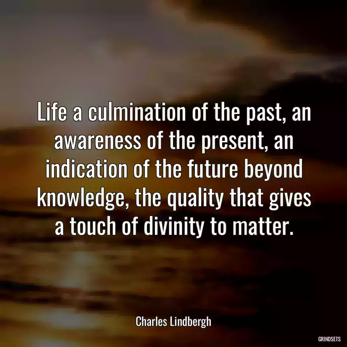 Life a culmination of the past, an awareness of the present, an indication of the future beyond knowledge, the quality that gives a touch of divinity to matter.